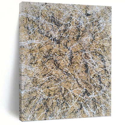 “Beige and Black Web” - Beige and Black Abstract Drip Painting On Canvas DKH1574