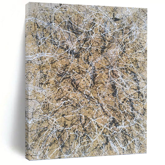 “Beige and Black Web” - Beige and Black Abstract Drip Painting On Canvas DKH1574