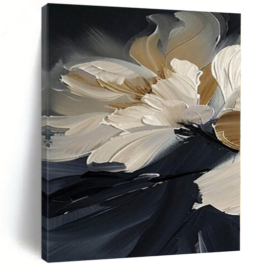 “Textured Beige - White Floral on Black” – Impasto Floral Painting CT1091
