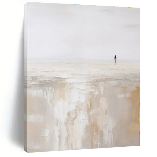 Solitary Figure on Beige Horizon - Minimalist Abstract Oil On Canvas CT1312