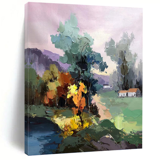 Colorful Village in Pastel Hues - Impressionistic Landscape Painting On Canvas DKH1289