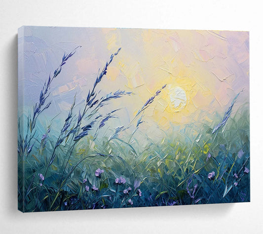 “Pastel Meadow at Sunset” - Soft Purple, Green, Yellow Impressionistic Landscape Painting On Canvas DKH762