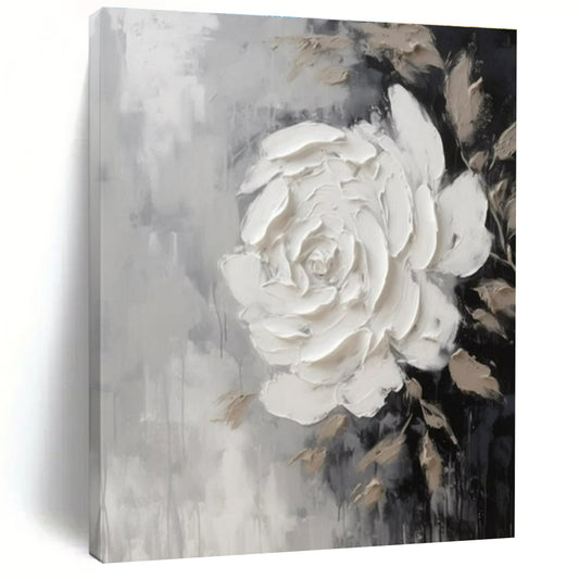 Grey, Black & Beige with Textured White Rose - "Elegant Bloom" - Impasto Floral Painting CT1466