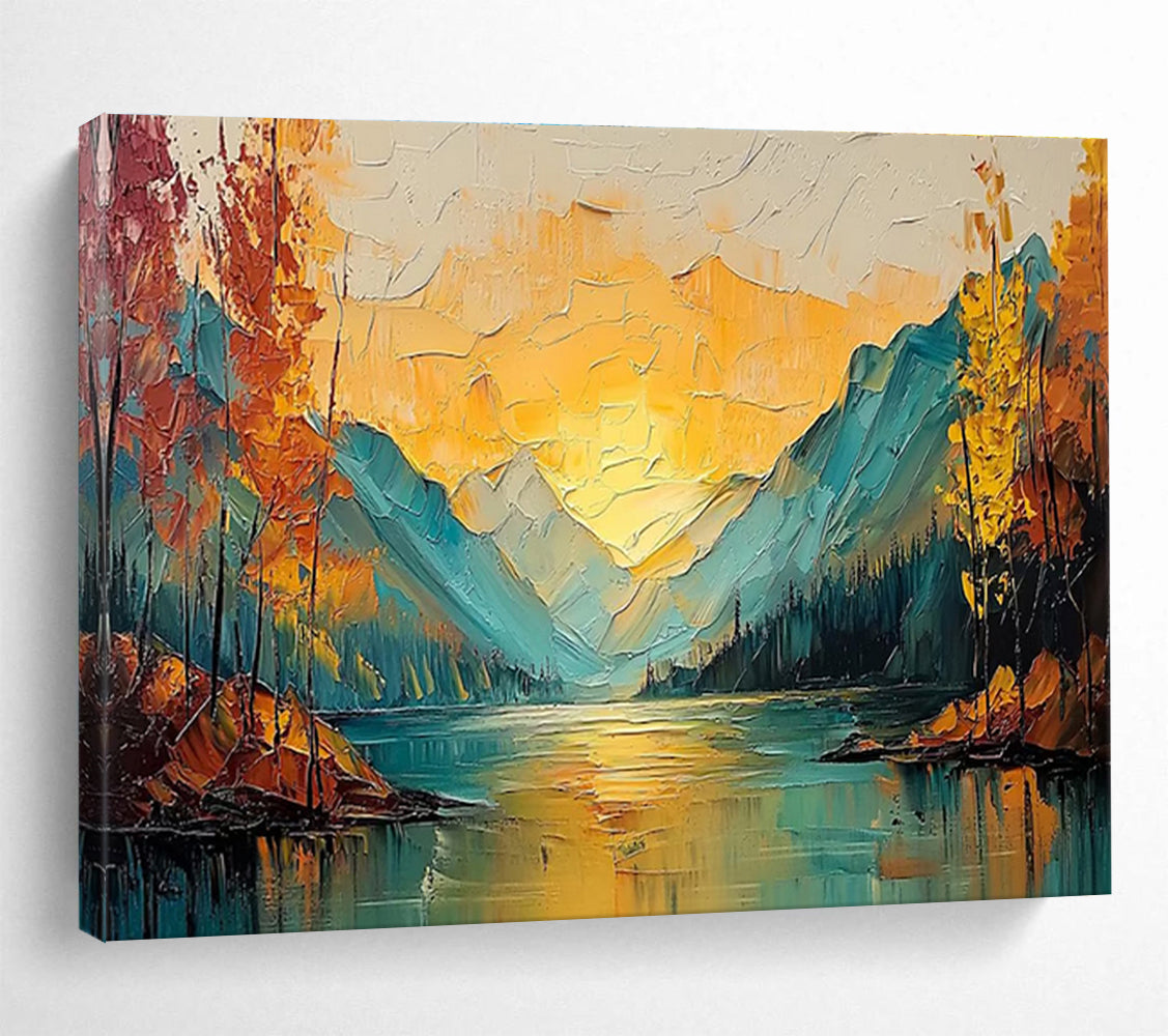 “Autumn Mountain Lake - Warm Gold & Cool Teal Landscape Painting On Canvas” DKH861