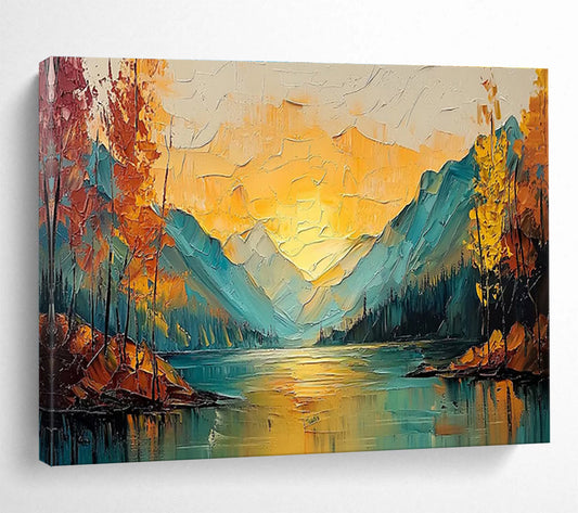 “Autumn Mountain Lake - Warm Gold & Cool Teal Landscape Painting On Canvas” DKH861