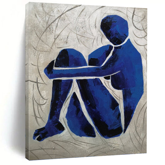 “Contemplative Blue” - Blue and Gray Abstract Figure Painting On Canvas DKH1569