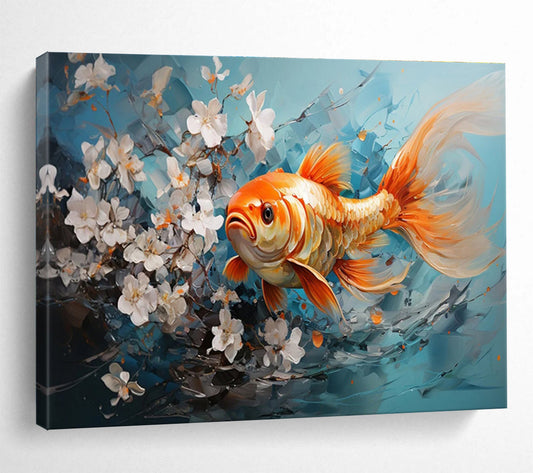 “Goldfish Among White Blossoms” - Blue, Orange, White Realistic Figurative Painting On Canvas DKH764