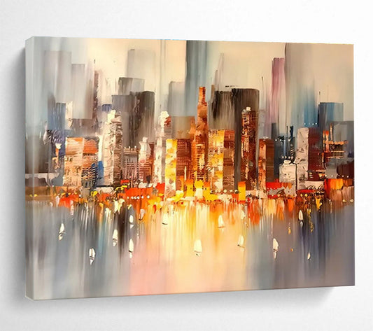 Colorful City Skyline - Gray, Orange & Blue Urban Painting On Canvas DKH899