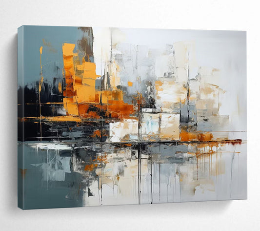 “Gray, Orange, White Urban ‘Cityscape Rhythm’” - Abstract Cityscape Painting On Canvas DLZ002