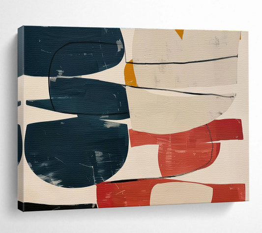 Colorful Geometric Collage with Blue, Red, and Beige, Abstract Modernist Painting On Canvas DKH590