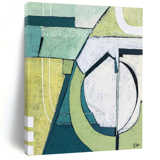 Mint and Olive Geometric Abstraction - A Calm, Structured Vision Painting On Canvas CT2375