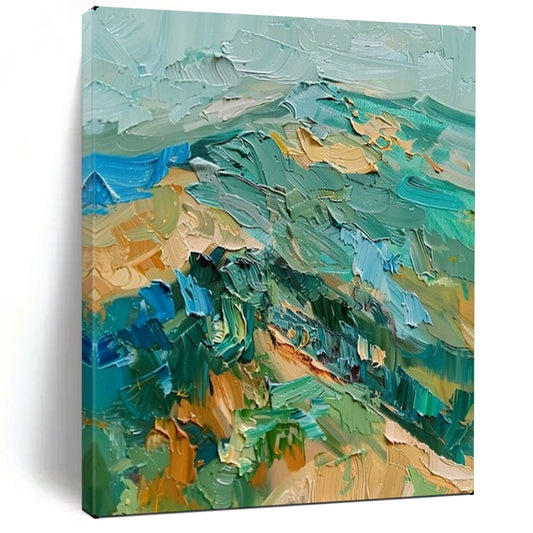 “Textured Green & Blue Mountainscape” – Impasto Landscape Painting On Canvas CT2120