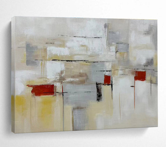 “Neutral Tones Abstract Geometry” - Beige, Gray, Red Minimalist Abstract Painting On Canvas DKH750