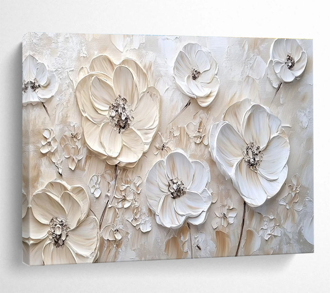 3D White Flowers - Beige & White Floral Painting On Canvas DKH906