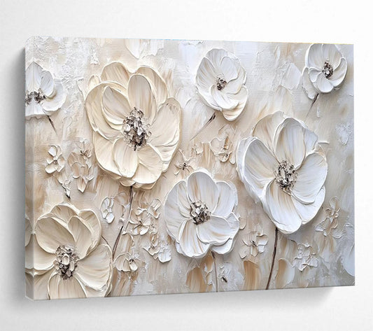 3D White Flowers - Beige & White Floral Painting On Canvas DKH906