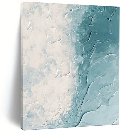 White & Teal Textured Flow - Abstract Impasto Painting On Canvas DKH1250
