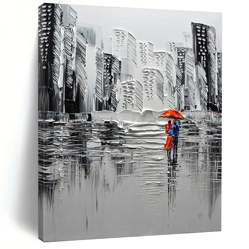 “Urban Rain Romance in Grayscale & Red” - Textured Cityscape Painting On Canvas DKH1600