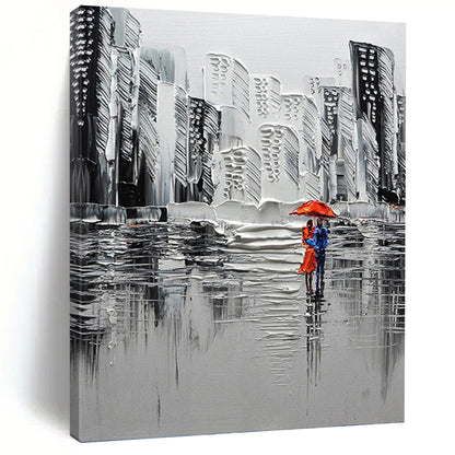 “Urban Rain Romance in Grayscale & Red” - Textured Cityscape Painting On Canvas DKH1600