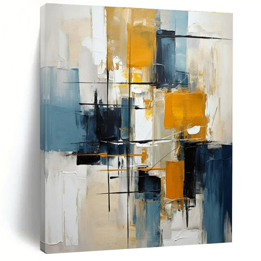 Bold Yellows, Blues & Neutrals, Dynamic Lines - "Urban Energy" - Abstract Oil Painting CT1452