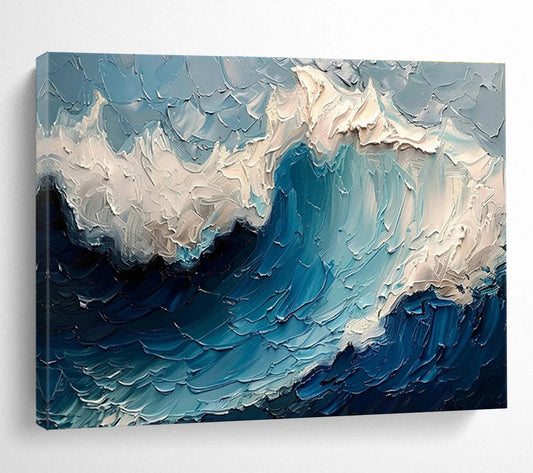 “Textured Ocean Wave” - Blue, White Impasto Seascape Painting On Canvas DKH766