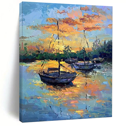 “Harbor at Sunset: Boats in Fiery Skies” - Impressionist Maritime Oil on Canvas CT1882