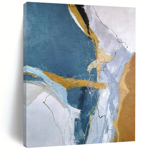 “Blue, Gold & White Linear Abstract” - Abstract Painting On Canvas CT2332