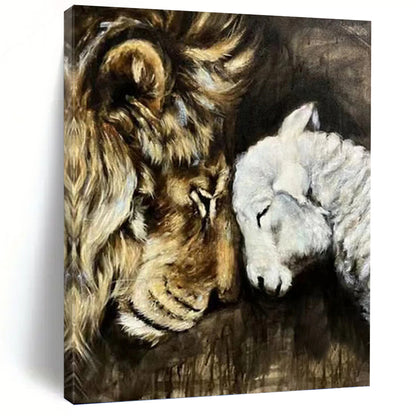 Lion and Lamb in Harmony - Wildlife Painting On Canvas DKH1452