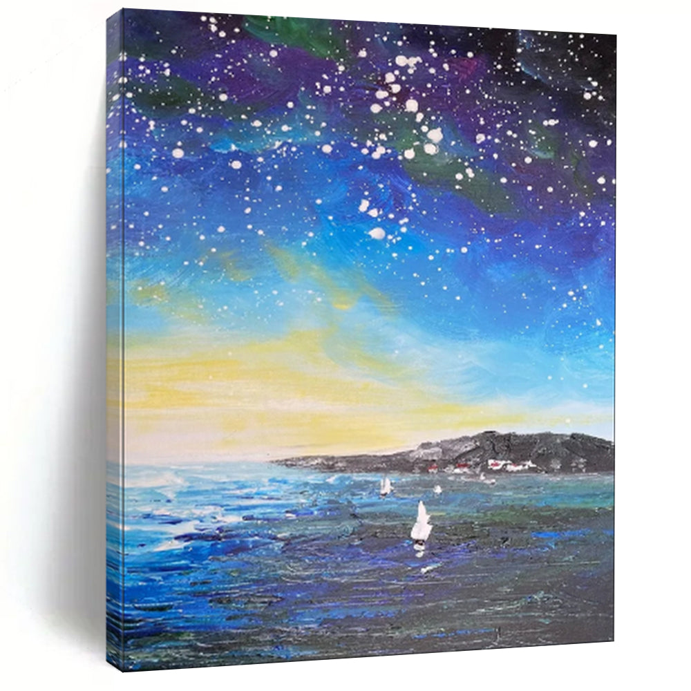 “Celestial Coastal Sail: Impressionist Night Sky Art” - Impasto Oil on Canvas CT1902