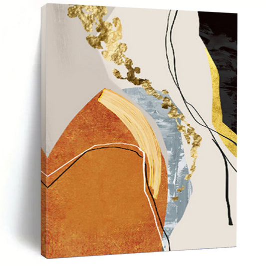 “Golden Fusion” - Orange, Gold, Blue & Black Abstract Shapes Painting On Canvas DKH1515