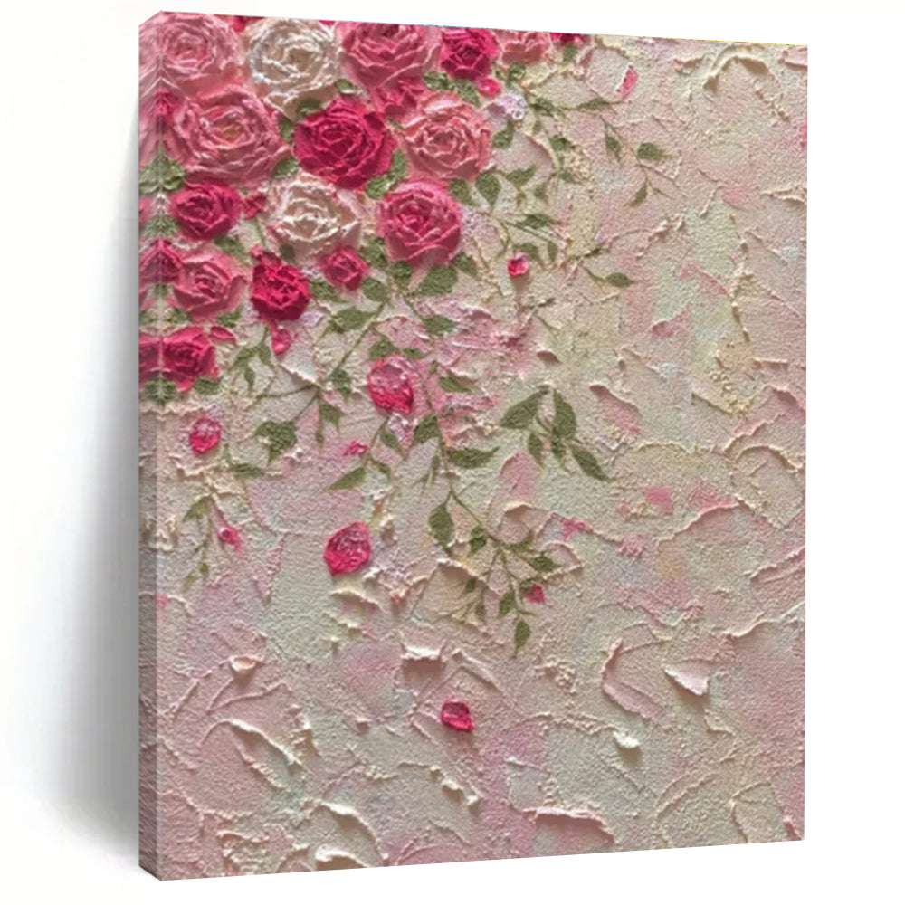 Pink & Green Roses, Textured Background - "Textured Blooms" - Impasto Oil Painting CT1450