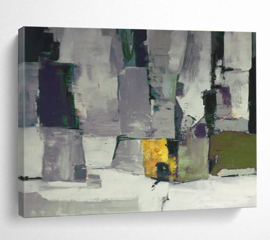 “Gray & Colorful Geometric Blocks” Abstract Cubist - Inspired Painting On Canvas DKH365