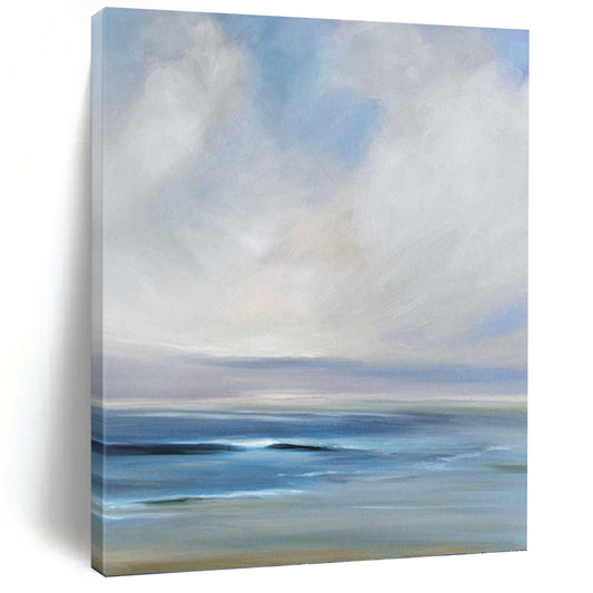 “Serene Coastal Blues” - Blue, White & Gray Impressionistic Seascape Painting On Canvas DKH0957