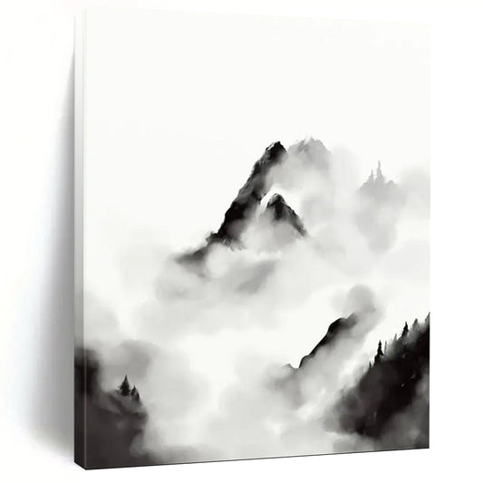 “Ink - Wash Mountain Clouds” - Black and White Ink - Wash Painting On Canvas DTP207