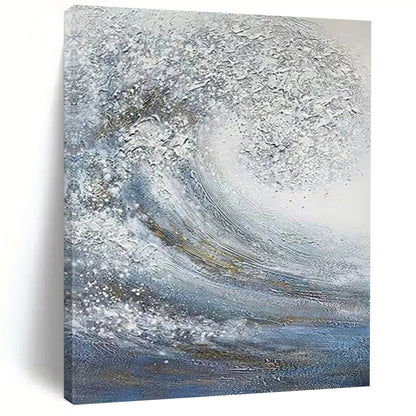 “Blue, White, Gold Swirling Wave ‘Celestial Sea’” - Impasto Sea & Gold Painting On Canvas DTP337
