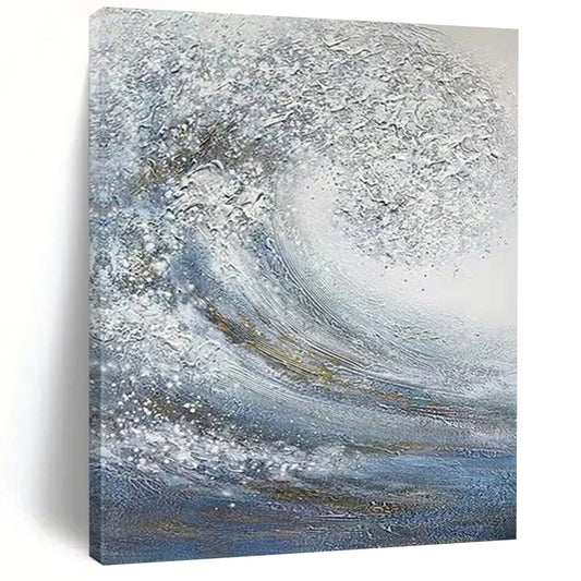 “Blue, White, Gold Swirling Wave ‘Celestial Sea’” - Impasto Sea & Gold Painting On Canvas DTP337