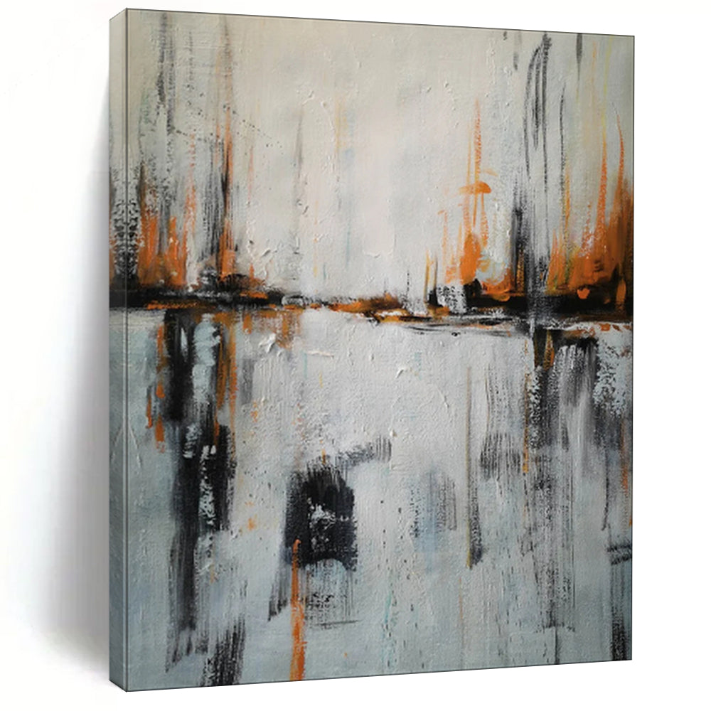 “Gray - Orange Strokes and Water Reflections” - Abstract Urban Waterscape Painting CT1973