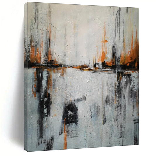 “Gray - Orange Strokes and Water Reflections” - Abstract Urban Waterscape Painting CT1973