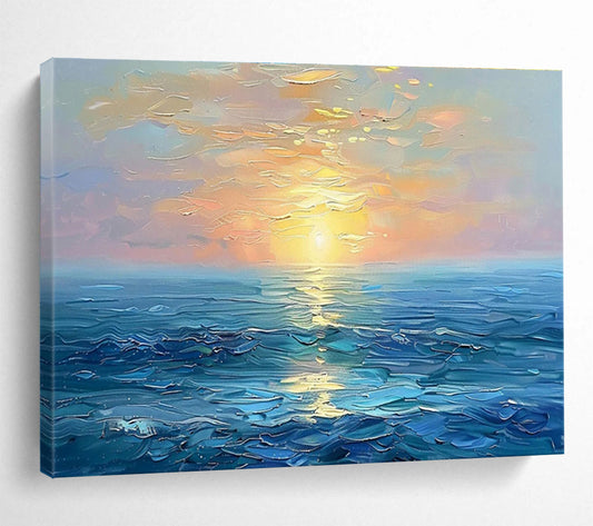 “Sunset Over the Sea” - Blue, Orange, Yellow Impressionistic Seascape Painting On Canvas DKH767