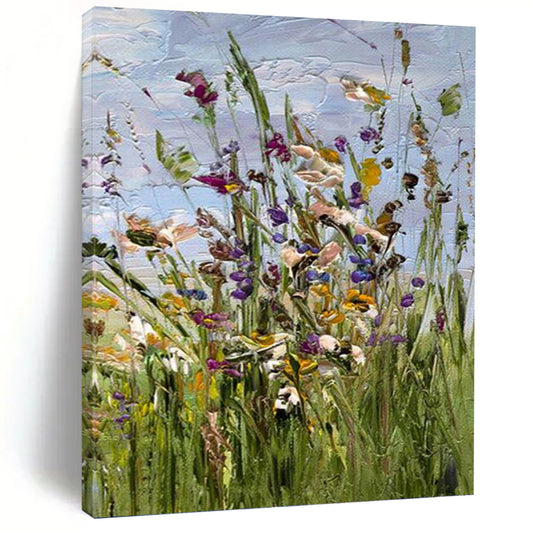 “Colorful Wildflower Impasto” - Purple, Yellow & Green Floral Painting On Canvas DKH0947