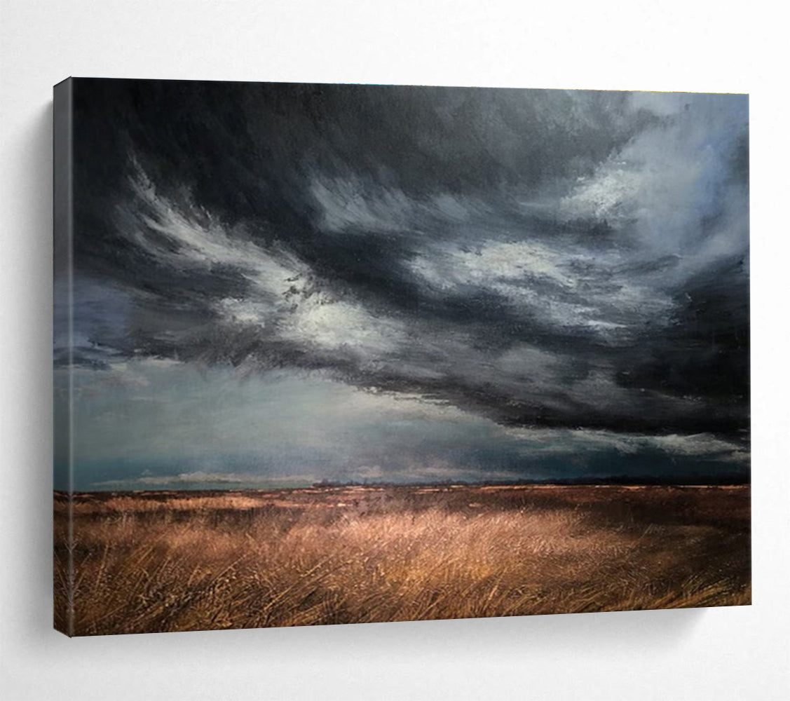 “Dark Stormy Sky Over Fields” - Powerful Landscape Painting On Canvas DKH779