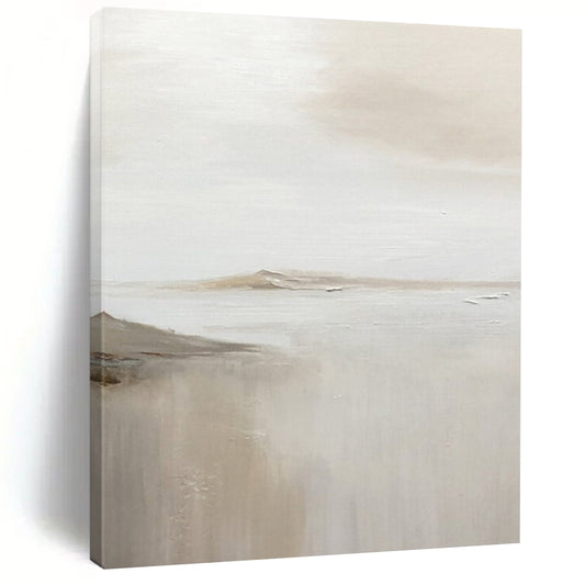 “White, Beige Subtle Landscape ‘Foggy Serenity’” - Impasto Landscape Painting On Canvas DTP359