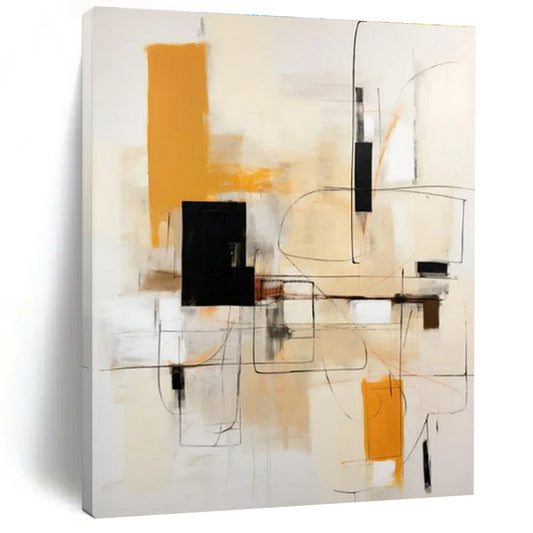 Beige, Orange, Black & White Geometric Abstraction - "Linear Harmony" - Abstract Acrylic Painting CT1461