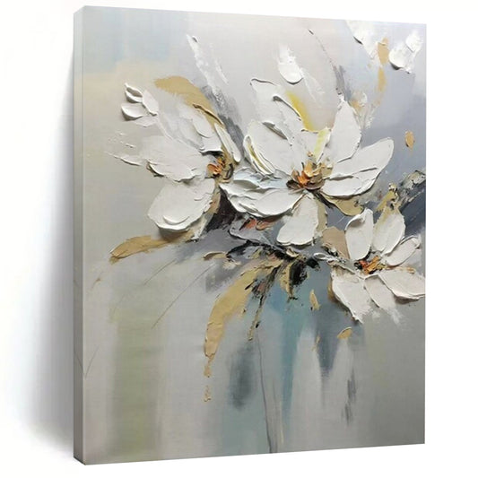 “White Floral Bouquet” - White, Beige & Gray Flower Painting On Canvas CT2201