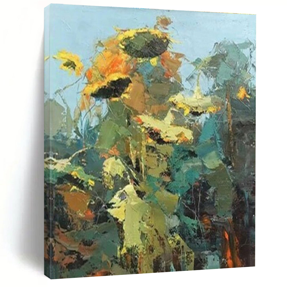 Impasto Sunflower Blooms, “Sunflower Symphony” - Impressionistic Abstract Oil Painting CT0732
