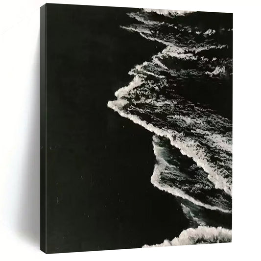 “Black, White Textured Waves ‘Nocturnal Tide’” - Impasto Monochrome Sea Painting On Canvas DTP349