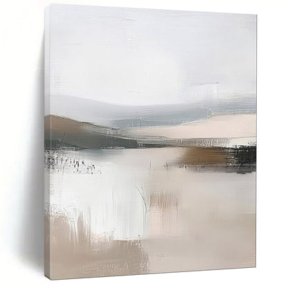 “Abstract Lake Reflections” – Modernist Landscape Oil Painting with Gray and Beige Textures CT2059