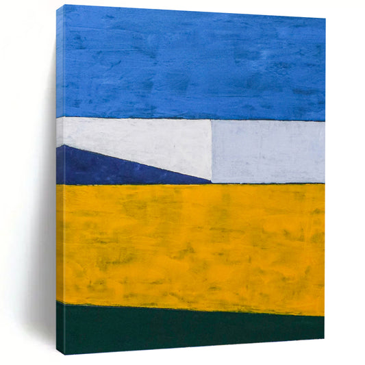 “Blue, Yellow, and Green Color - Blocked Abstract” - Minimalist Geometric Painting On Canvas DKH1096