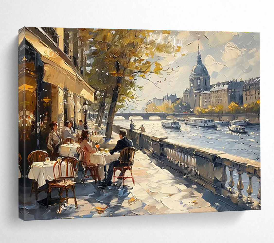 Parisian Riverside CafScene Painting On Canvas DKH666