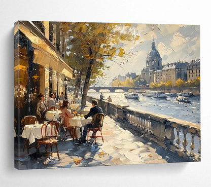 Parisian Riverside CafScene Painting On Canvas DKH666