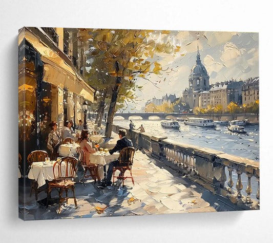 Parisian Riverside CafScene Painting On Canvas DKH666